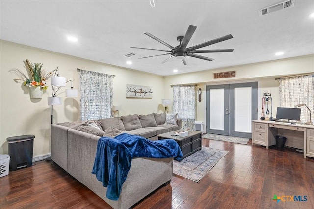 living area with visible vents, dark wood finished floors, recessed lighting, ceiling fan, and french doors