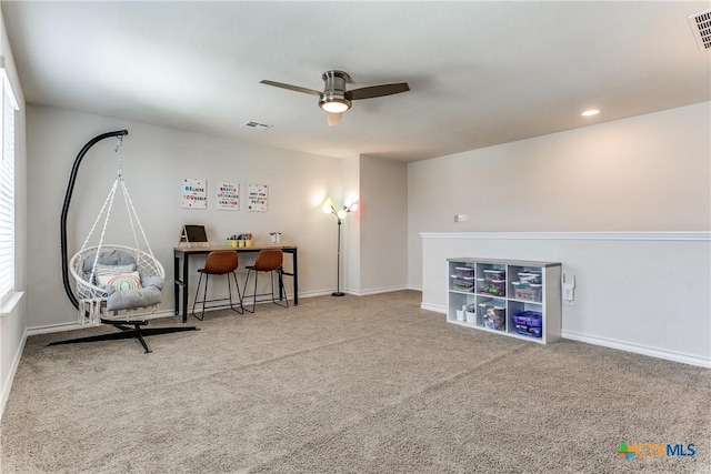 391 Walnut Crk, New Braunfels, TX 78130 - sitting room with a ceiling fan, carpet, baseboards, and recessed lighting