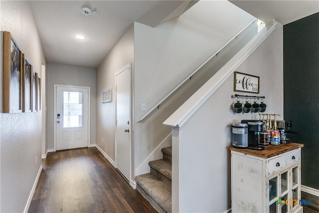 391 Walnut Crk, New Braunfels, TX 78130 - entrance foyer featuring wood finished floors, stairs, baseboards, and recessed lighting