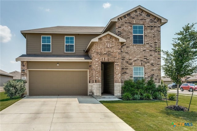 391 Walnut Crk, New Braunfels, TX 78130 - view of front of home with a front yard, a garage, brick siding, and concrete driveway