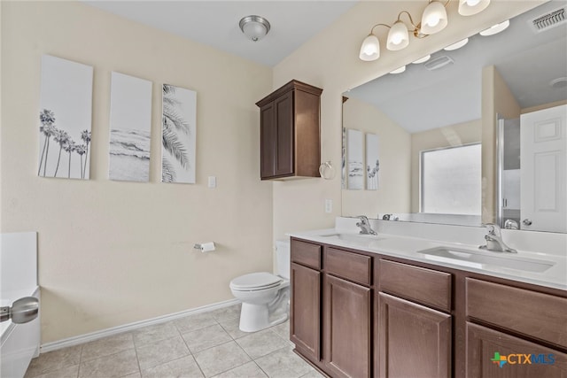 bathroom featuring toilet, vanity, and tile patterned flooring