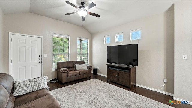 557/561 Creekside Cir, New Braunfels, TX 78130 - living area featuring lofted ceiling, a ceiling fan, and dark wood-style flooring