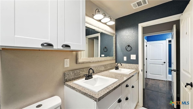 543 Scenic Terrace Dr, Canyon Lake, TX 78133 - bathroom featuring double vanity, a textured wall, and wood finished floors