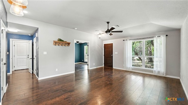 543 Scenic Terrace Dr, Canyon Lake, TX 78133 - unfurnished living room with plenty of natural light, a ceiling fan, dark wood-style floors, and lofted ceiling