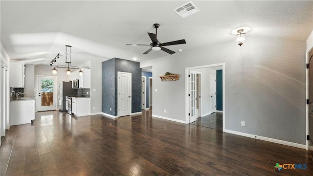 543 Scenic Terrace Dr, Canyon Lake, TX 78133 - unfurnished living room with ceiling fan, dark wood-style flooring, lofted ceiling, and recessed lighting