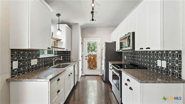 543 Scenic Terrace Dr, Canyon Lake, TX 78133 - kitchen featuring stainless steel appliances, healthy amount of natural light, dark wood-style floors, and white cabinetry