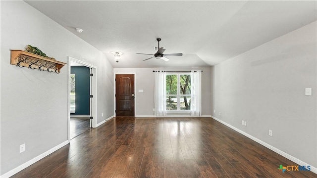 543 Scenic Terrace Dr, Canyon Lake, TX 78133 - unfurnished living room featuring lofted ceiling, ceiling fan, and dark wood-style flooring