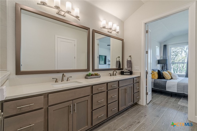 bathroom with lofted ceiling, vanity, and wood-type flooring