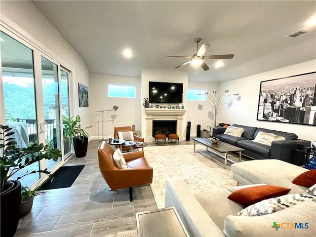 living room featuring ceiling fan