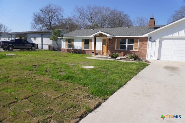 ranch-style home featuring a garage, a carport, and a front lawn