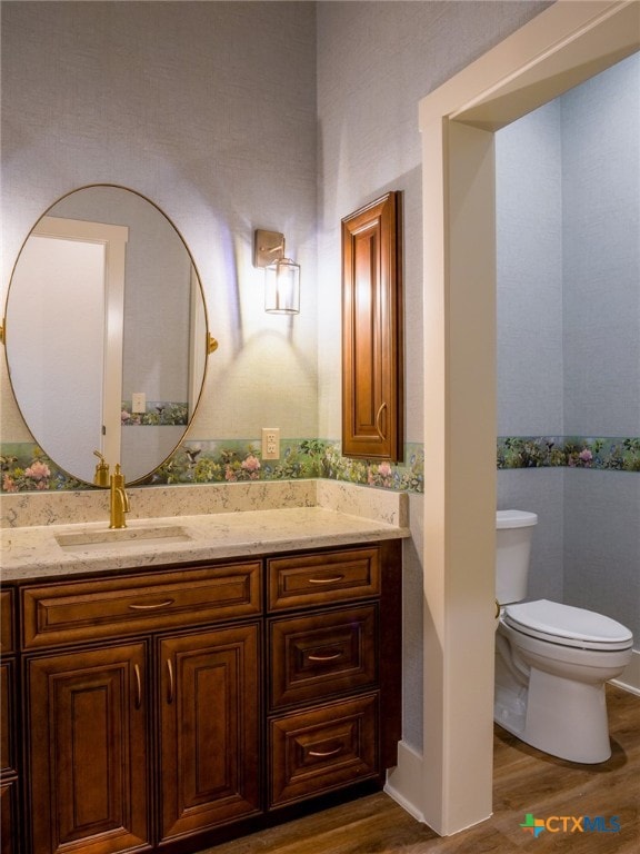 bathroom with hardwood / wood-style flooring, vanity, and toilet