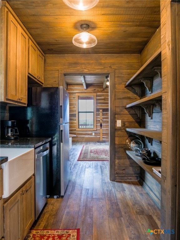 kitchen with stainless steel dishwasher, wooden walls, wood ceiling, and dark hardwood / wood-style flooring