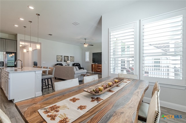 dining area featuring ceiling fan, dark hardwood / wood-style flooring, and sink