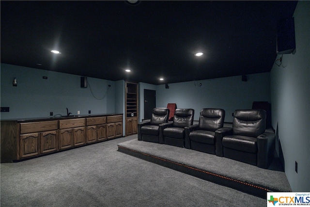 cinema room featuring sink and light colored carpet