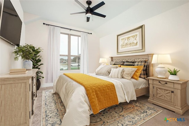 1386 Lyme Park, Bulverde, TX 78163 - bedroom with vaulted ceiling, light colored carpet, and a ceiling fan