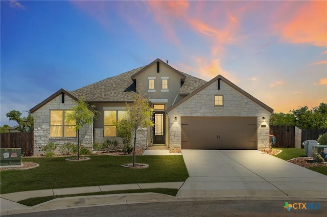 1386 Lyme Park, Bulverde, TX 78163 - view of front of property with stone siding, driveway, a garage, a shingled roof, and stucco siding