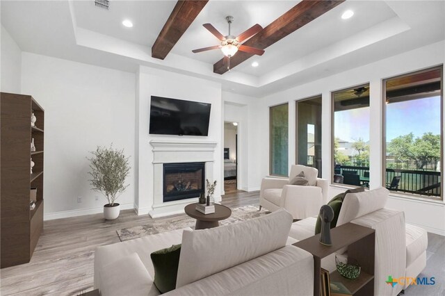 1386 Lyme Park, Bulverde, TX 78163 - living area with a tray ceiling, wood finished floors, a glass covered fireplace, a ceiling fan, and recessed lighting