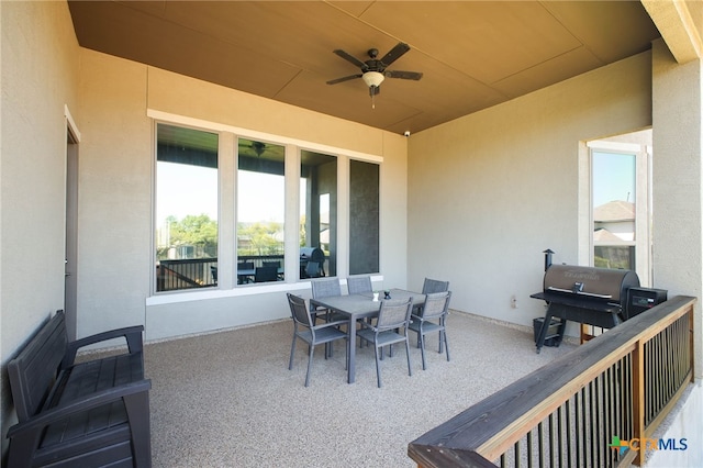 1386 Lyme Park, Bulverde, TX 78163 - view of patio / terrace featuring ceiling fan, grilling area, and outdoor dining space