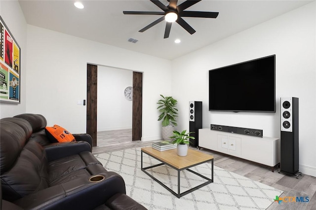 1386 Lyme Park, Bulverde, TX 78163 - living room with ceiling fan, light wood-type flooring, and recessed lighting