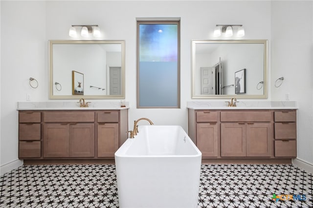 1386 Lyme Park, Bulverde, TX 78163 - bathroom featuring tile patterned floors, two vanities, and a soaking tub