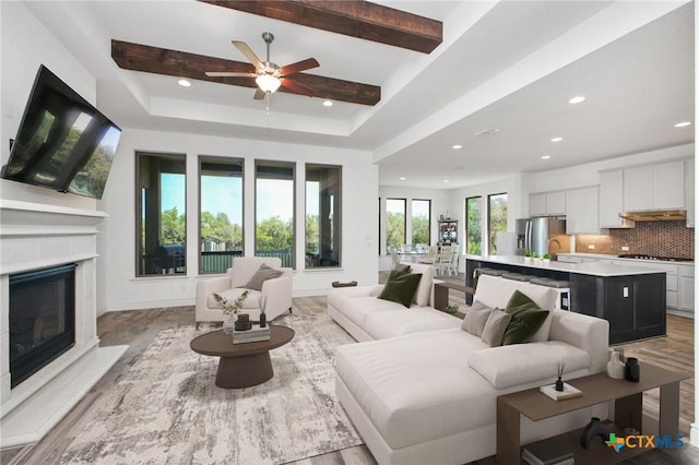 1386 Lyme Park, Bulverde, TX 78163 - living area featuring recessed lighting, a ceiling fan, light wood finished floors, and a glass covered fireplace