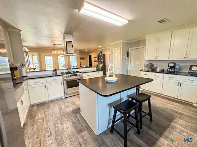 kitchen featuring hanging light fixtures, white cabinets, a kitchen bar, stainless steel range with gas cooktop, and kitchen peninsula