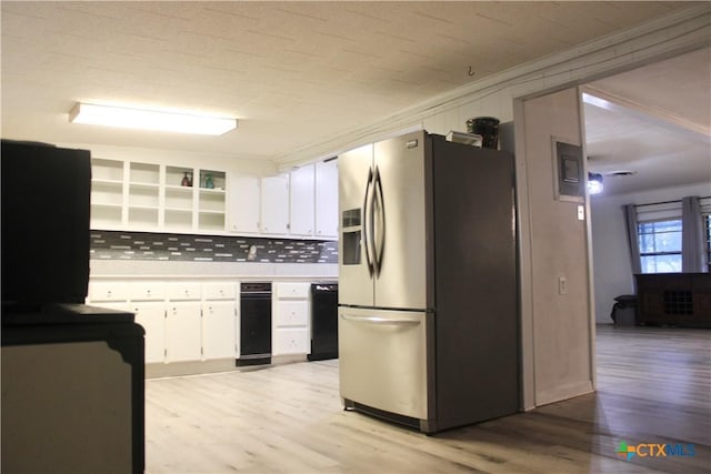 kitchen with black dishwasher, light wood-type flooring, white cabinetry, and stainless steel refrigerator with ice dispenser