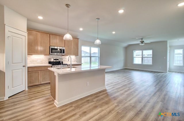 980 Gray Cloud Dr, New Braunfels, TX 78130 - kitchen with appliances with stainless steel finishes, ceiling fan, light countertops, light wood-style floors, and tasteful backsplash