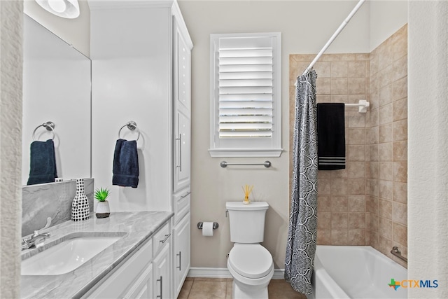 full bathroom with toilet, vanity, tile patterned flooring, and shower / bathtub combination with curtain