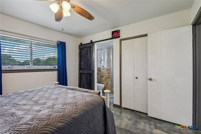 1035 Pine Meadow Rd, Seguin, TX 78155 - bedroom with ensuite bath, a ceiling fan, and finished concrete floors