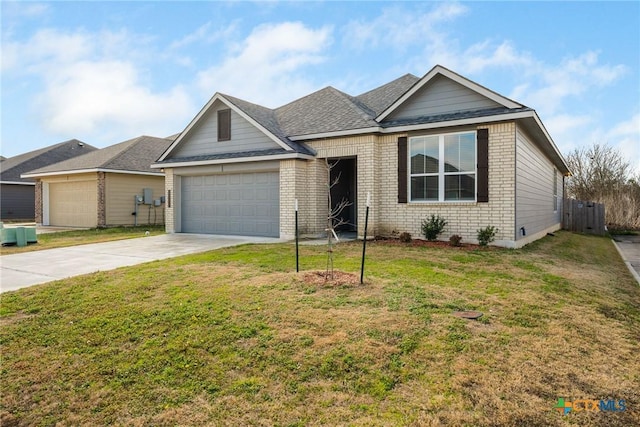 ranch-style house with a garage and a front yard