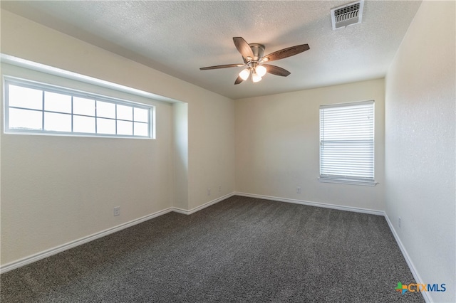 carpeted empty room featuring ceiling fan, a textured ceiling, and a healthy amount of sunlight