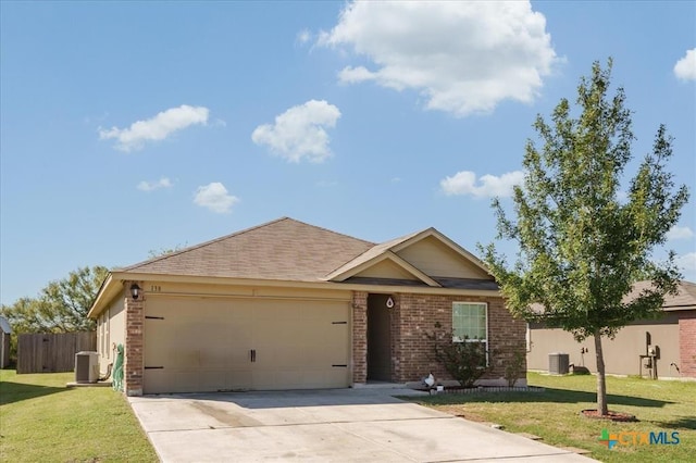 single story home featuring central AC unit, a garage, and a front yard