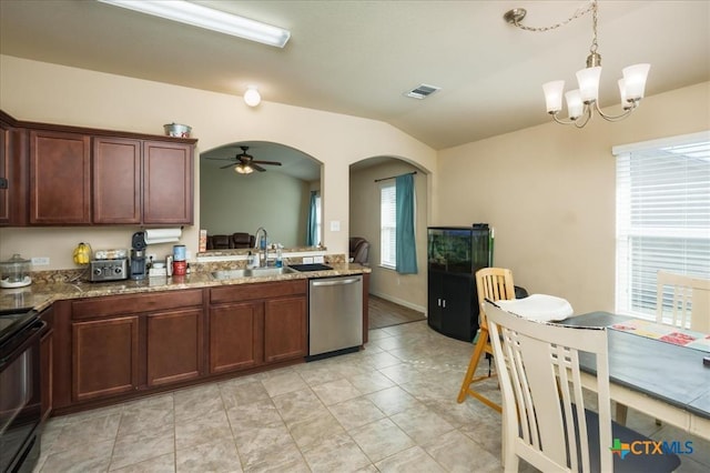 kitchen featuring dishwasher, sink, hanging light fixtures, black electric range oven, and ceiling fan with notable chandelier