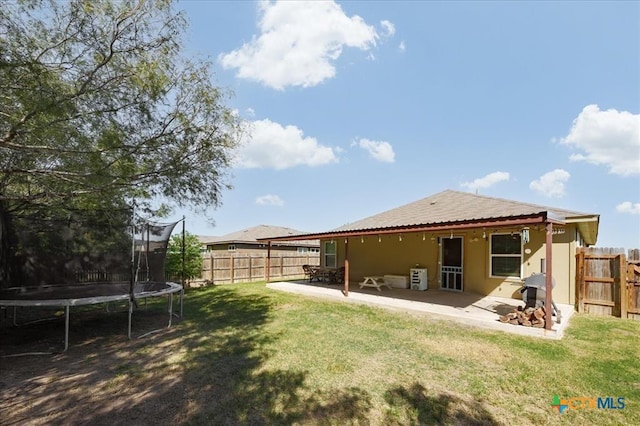 rear view of house with a trampoline, a patio area, and a lawn