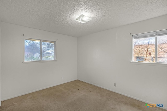 carpeted empty room with a textured ceiling and a wealth of natural light