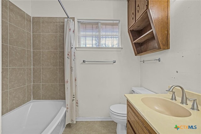 full bathroom with toilet, shower / bath combination with curtain, vanity, and tile patterned floors