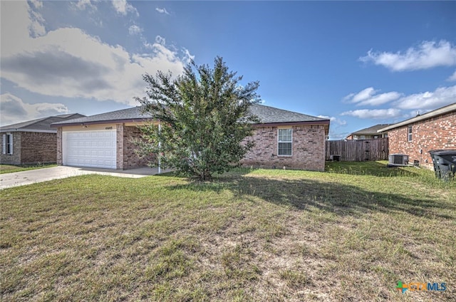 single story home with a garage, central AC unit, and a front lawn