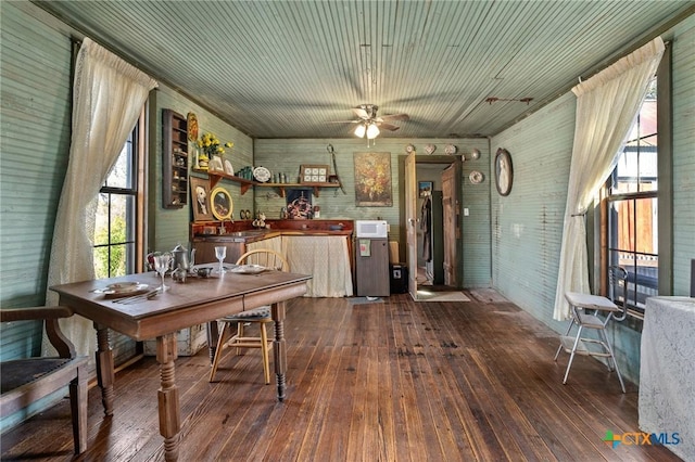 dining space featuring hardwood / wood-style flooring and ceiling fan