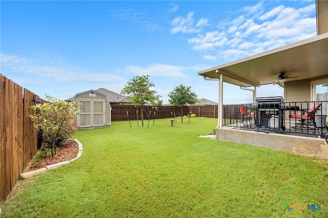 1212 Wethersfield Ln, Temple, TX 76504 - fenced backyard with a shed and ceiling fan