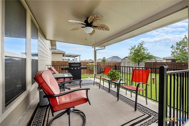 1212 Wethersfield Ln, Temple, TX 76504 - view of patio with a storage unit, a ceiling fan, and a grill