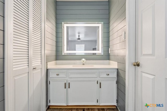 bathroom with vanity, a closet, and wooden walls