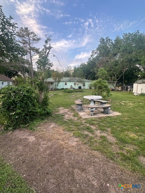 view of yard with a shed, an outdoor structure, and a patio