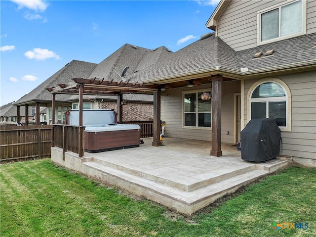 wooden terrace featuring grilling area, a pergola, a patio area, a hot tub, and ceiling fan