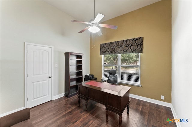 office area with high vaulted ceiling, ceiling fan, and dark hardwood / wood-style floors