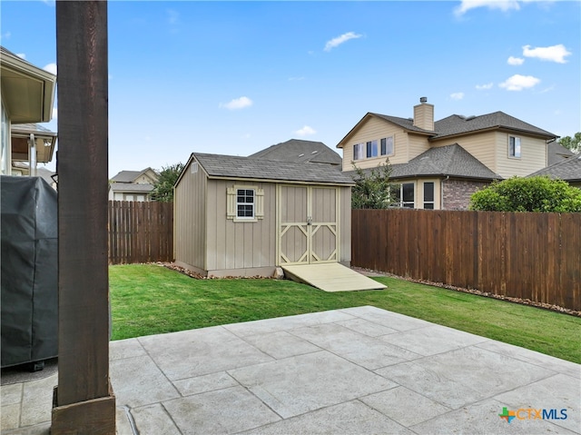 view of patio with a storage shed