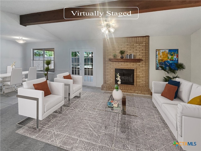 living room featuring a fireplace, carpet floors, and beam ceiling