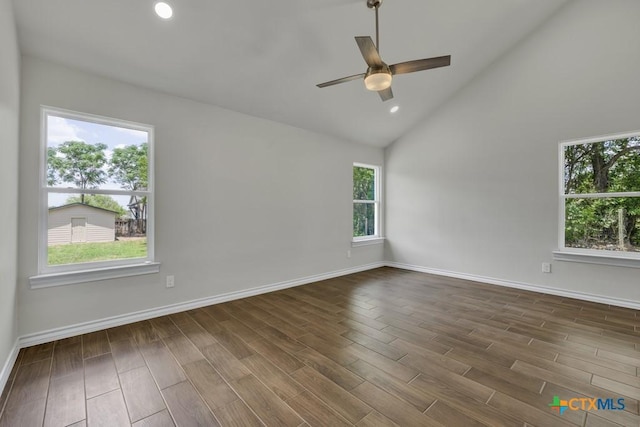 102 Montague Dr, Kyle, TX 78640 - unfurnished room featuring dark wood-style floors, ceiling fan, baseboards, lofted ceiling, and recessed lighting