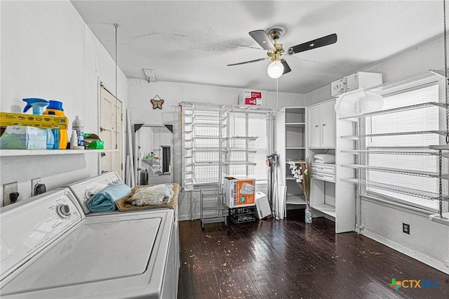 604 Westwood Dr, San Antonio, TX 78212 - washroom with washing machine and clothes dryer, wood finished floors, a ceiling fan, and baseboards