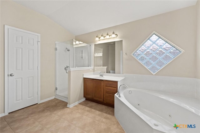 6208 Suellen Ln, Killeen, TX 76542 - bathroom with a shower stall, a jetted tub, vanity, and tile patterned floors
